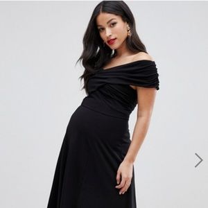 Black Maternity Bardot Midi Skater Dress